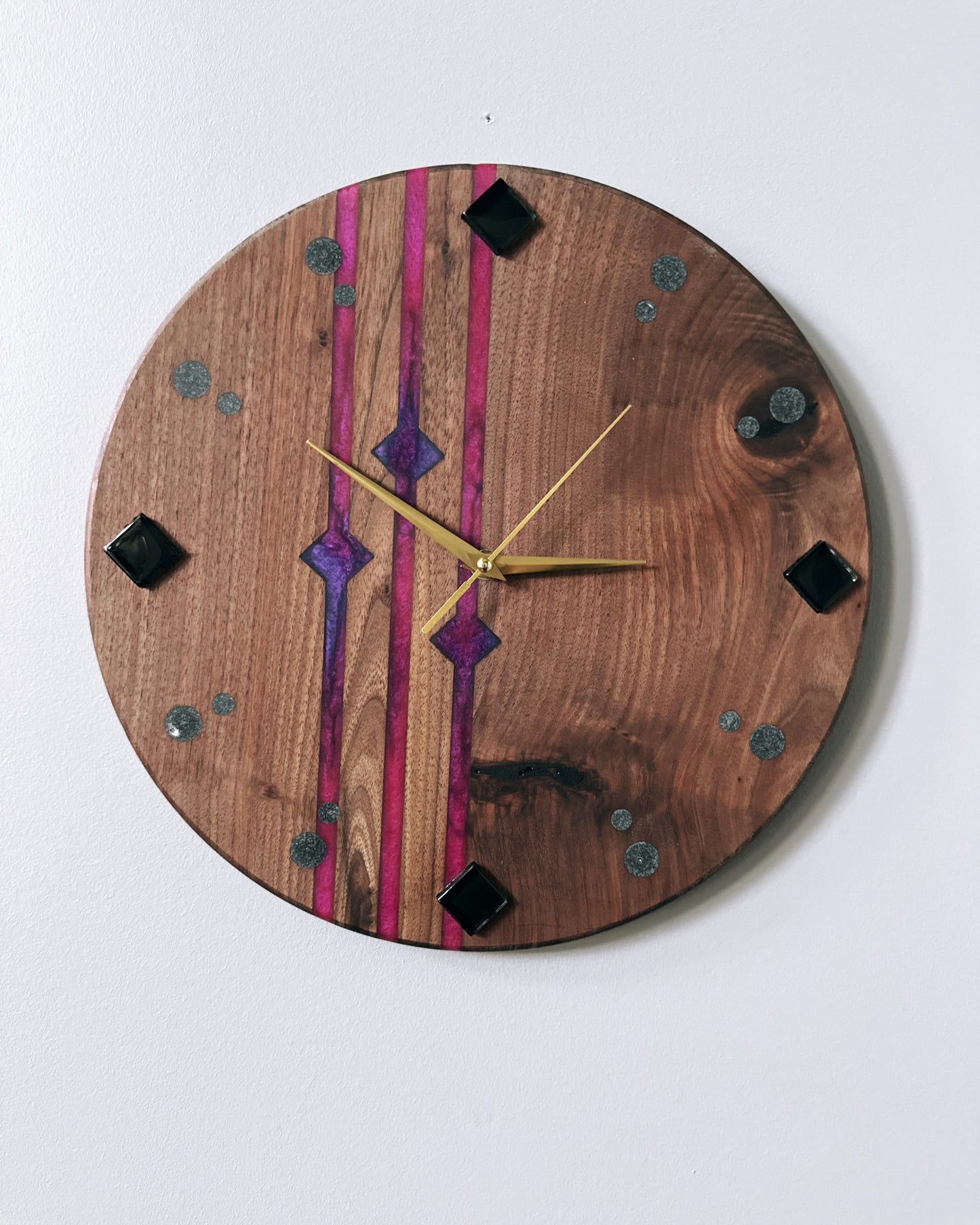 Black Walnut, Black Glass 14" Wall Clock