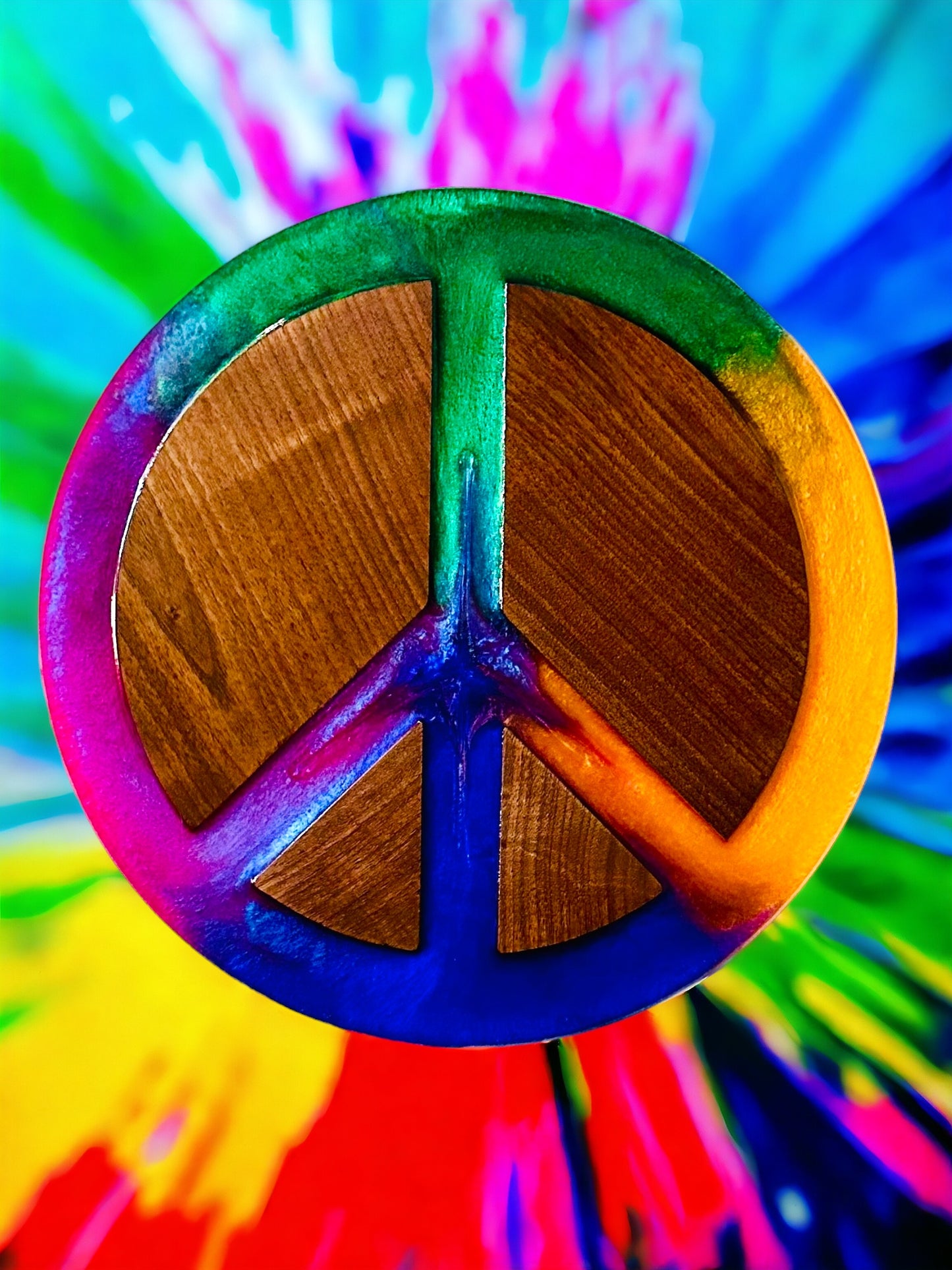 14" Black Walnut Multi-colored Peace Sign Wall Art