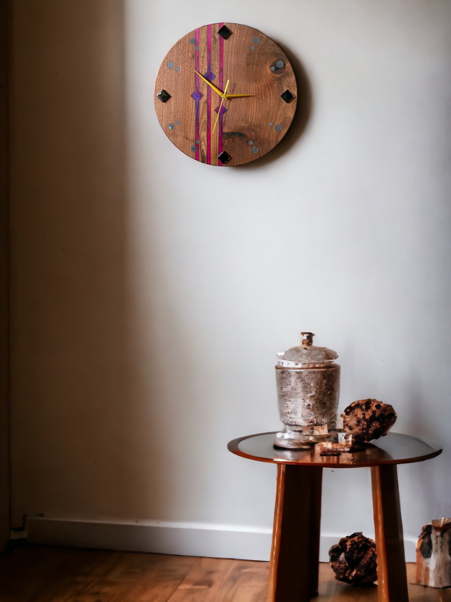 Black Walnut, Black Glass 14" Wall Clock