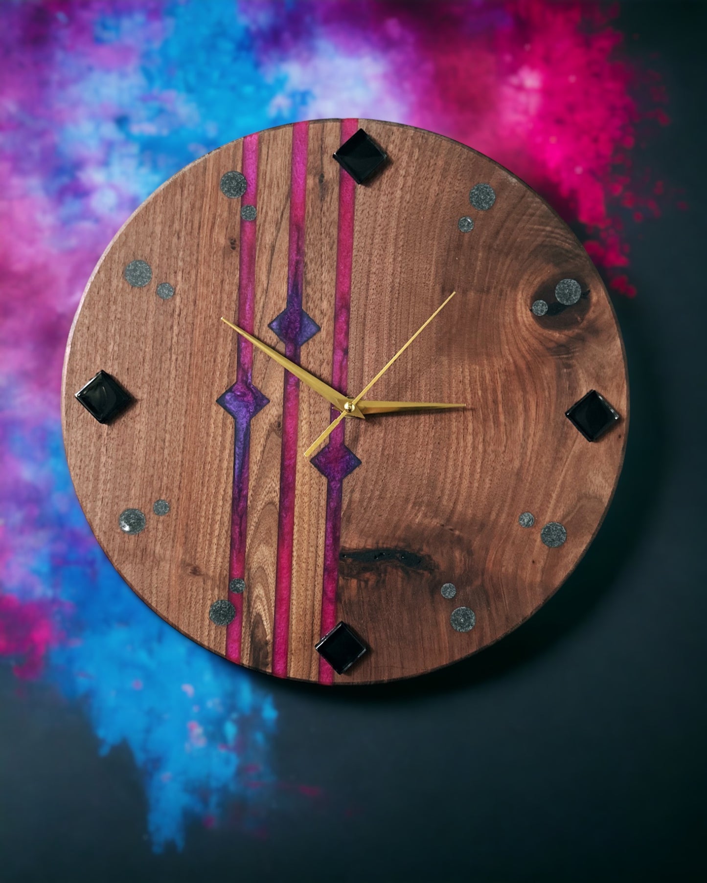 Black Walnut, Black Glass 14" Wall Clock