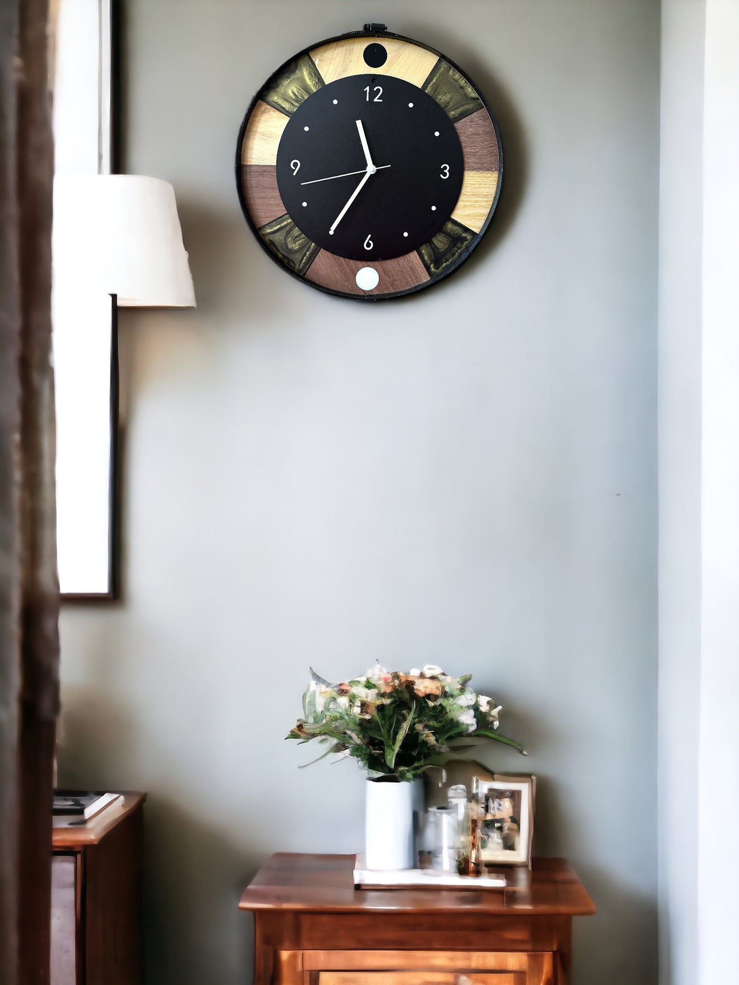 Black Walnut, Maple, Black Iron 14" Wall Clock