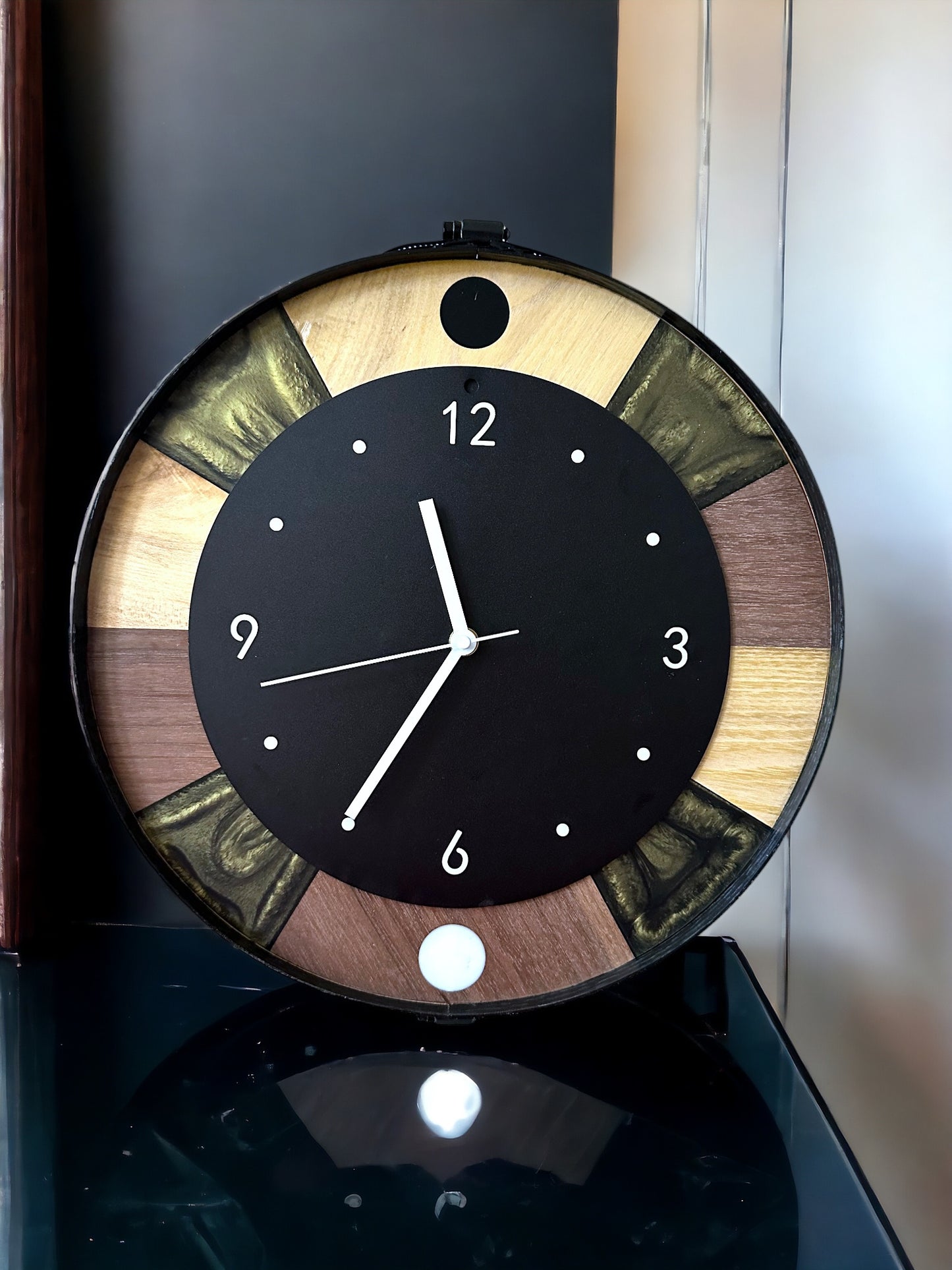 Black Walnut, Maple, Black Iron 14" Wall Clock