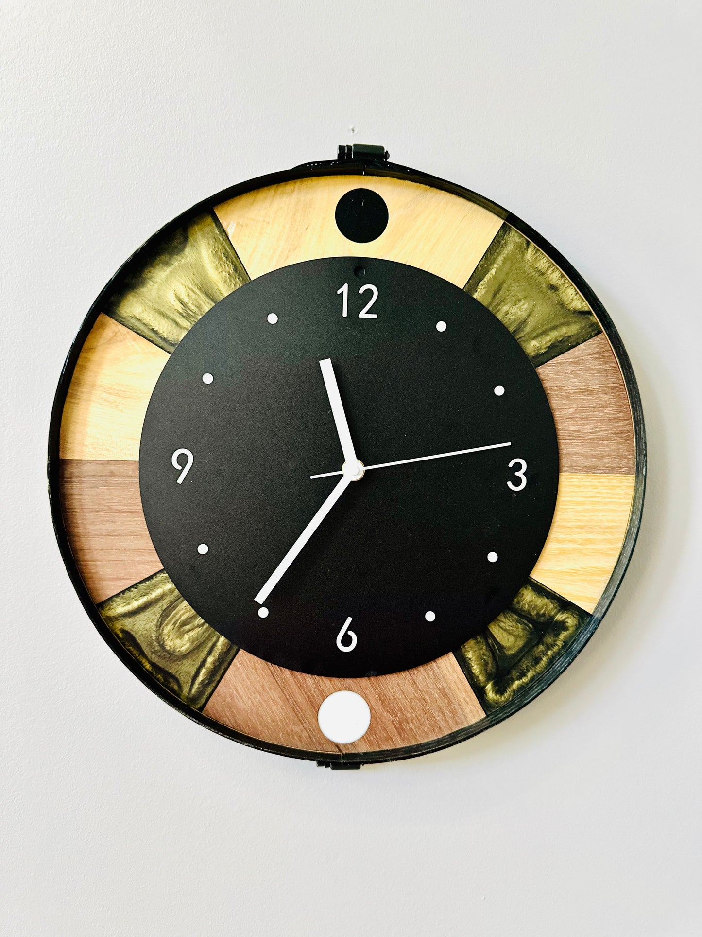 Black Walnut, Maple, Black Iron 14" Wall Clock