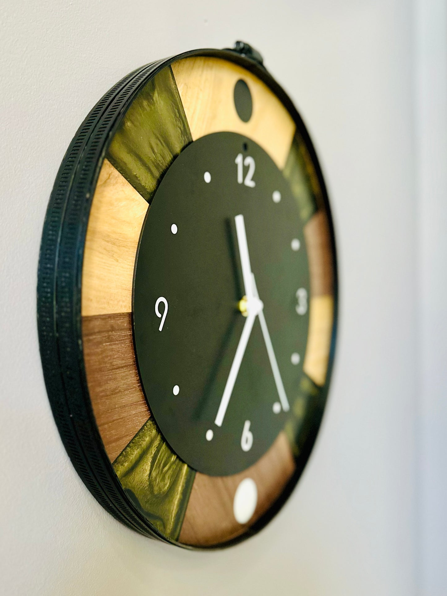 Black Walnut, Maple, Black Iron 14" Wall Clock