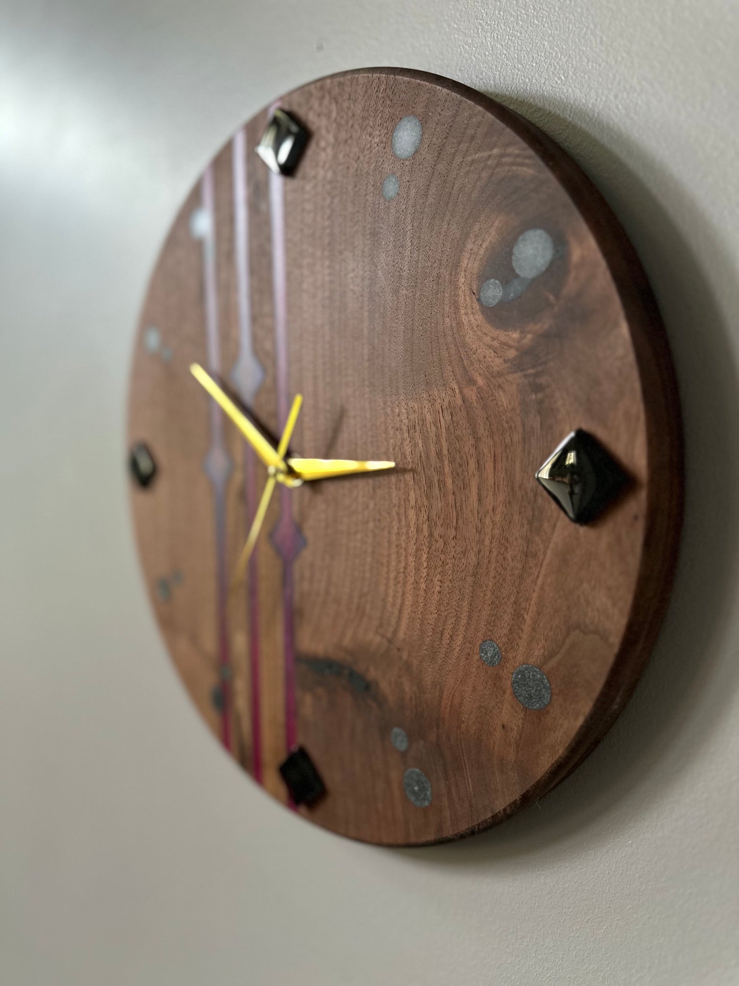 Black Walnut, Black Glass 14" Wall Clock