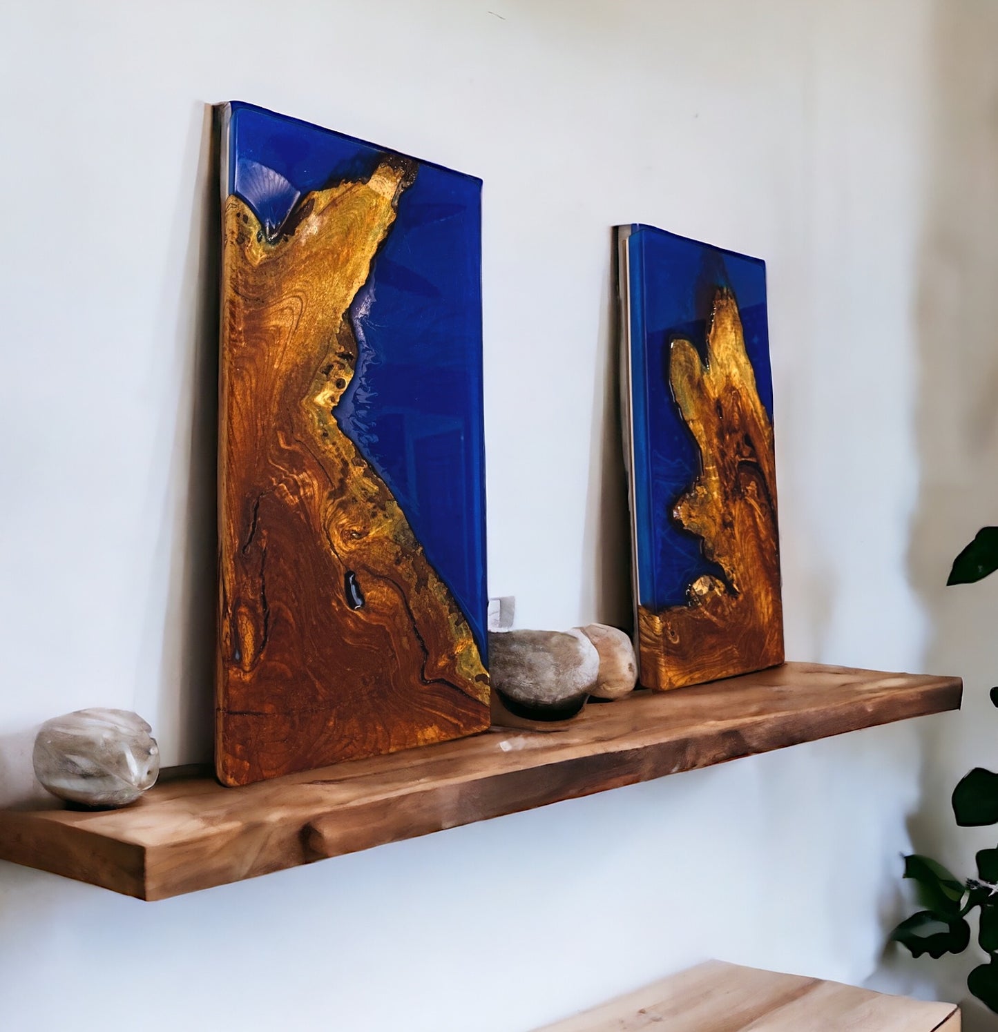 PAIR of Live Edge Maple Root & 3d Blue Wall Hangings- Art