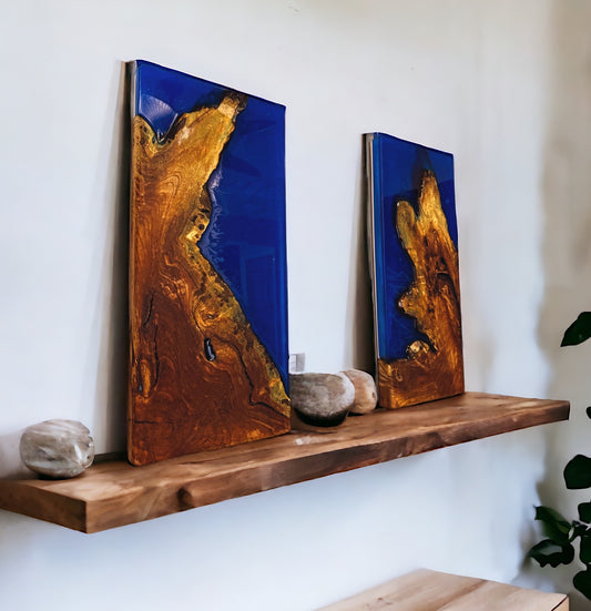 PAIR of Live Edge Maple Root & 3d Blue Wall Hangings- Art