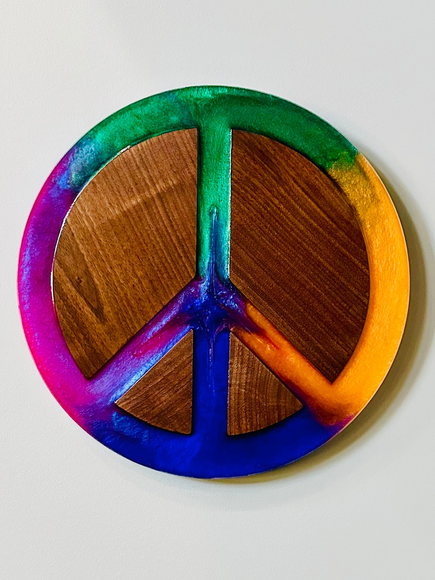 14" Black Walnut Multi-colored Peace Sign Wall Art